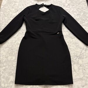 Armani Exchange Black Long Sleeve Fitted Sheath Dress with Keyhole Back